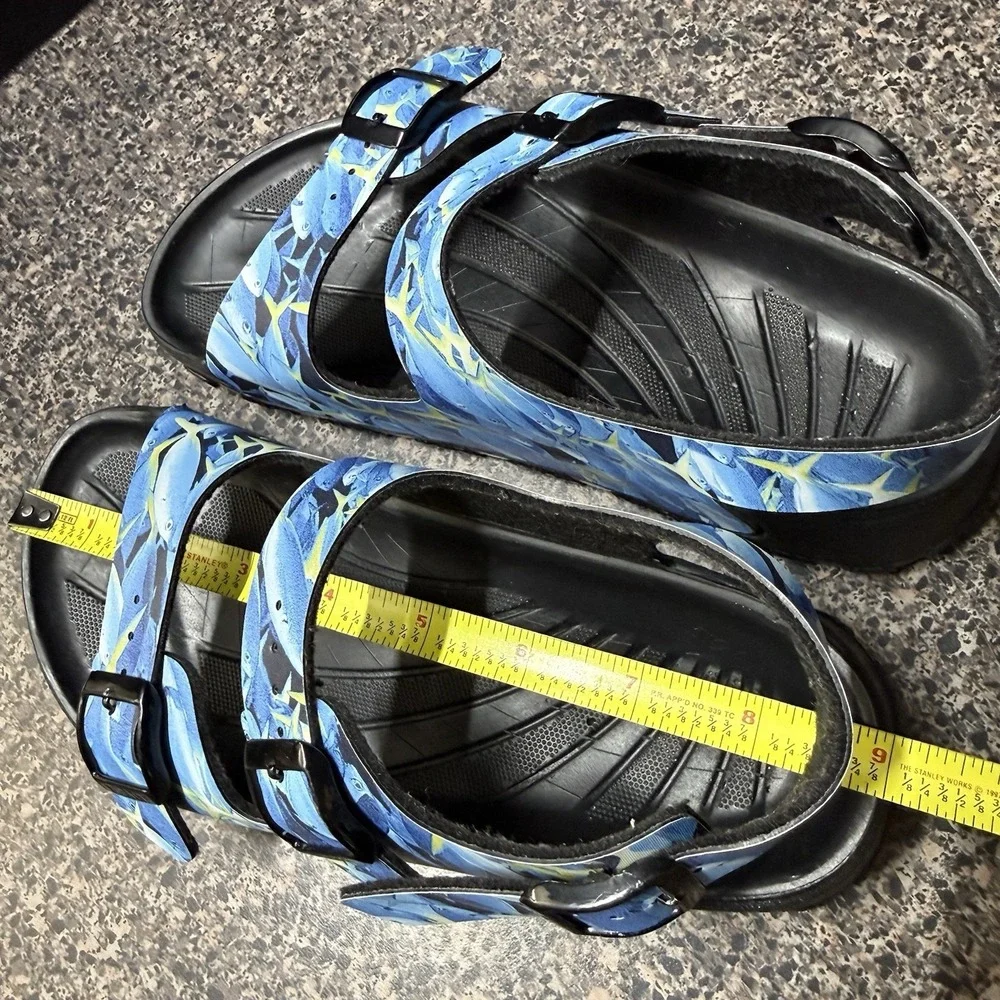 Birki's Birkenstock Sandals 34 Blue Fish Print EVA Double Strap Haiti Kids 3-3.5
